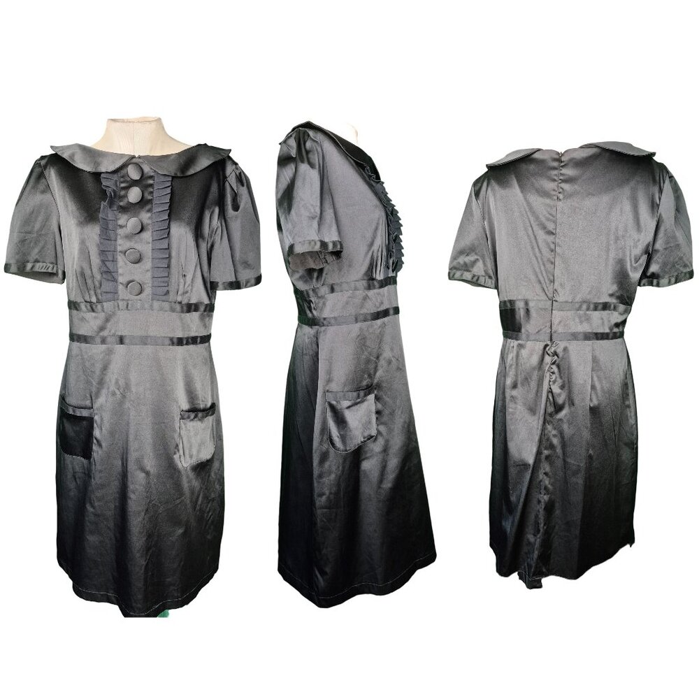 Vintage inspired EC Star Black Satin Dress Size XL Ruffle Bodice  Y2k Goth XL